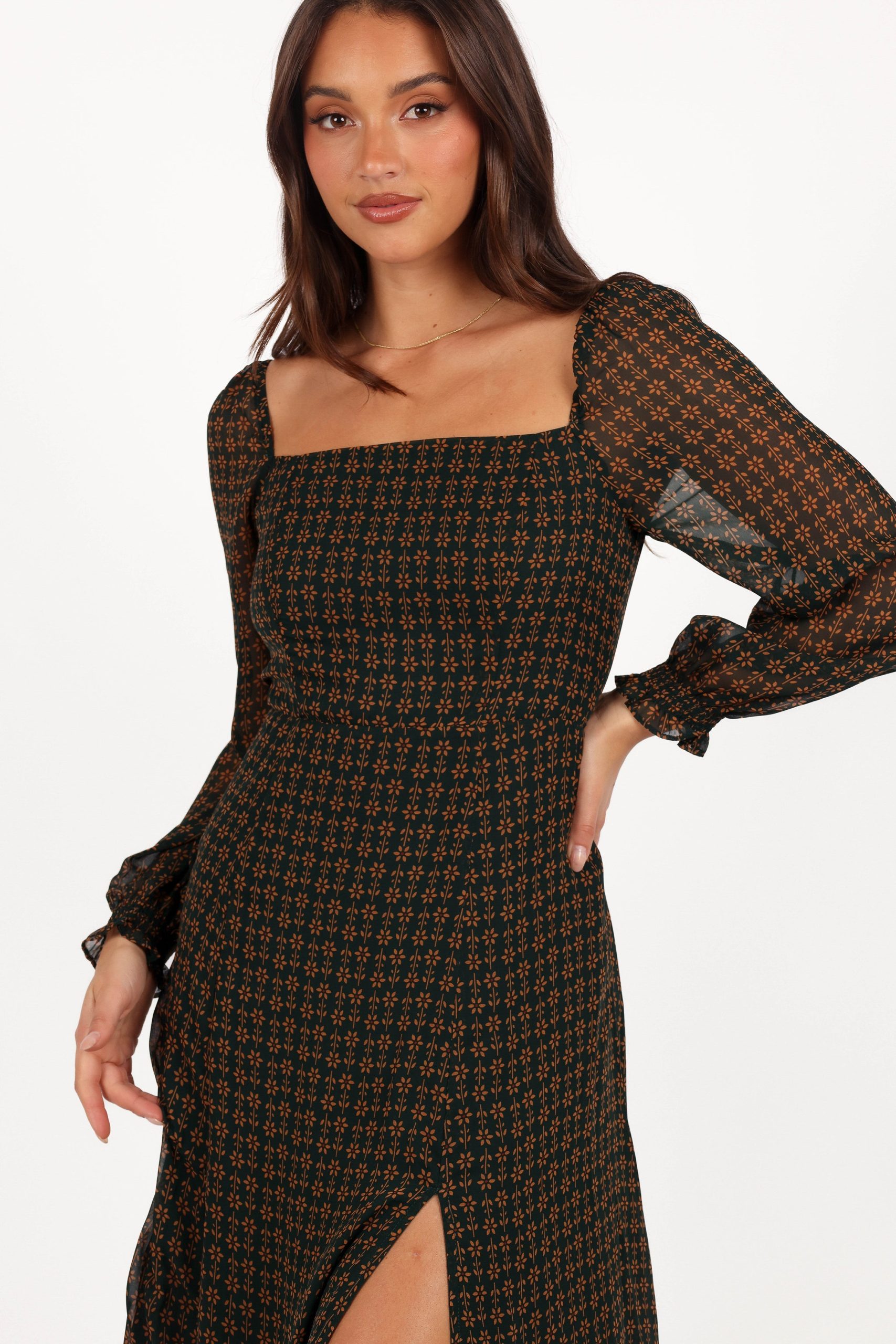 Ettie Long Sleeve Midi Dress - Pine/Tan - Image 2