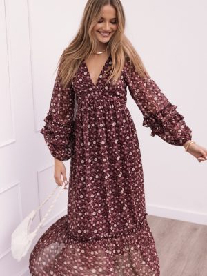 Evian Long Sleeve Maxi Dress - Burgundy Multi