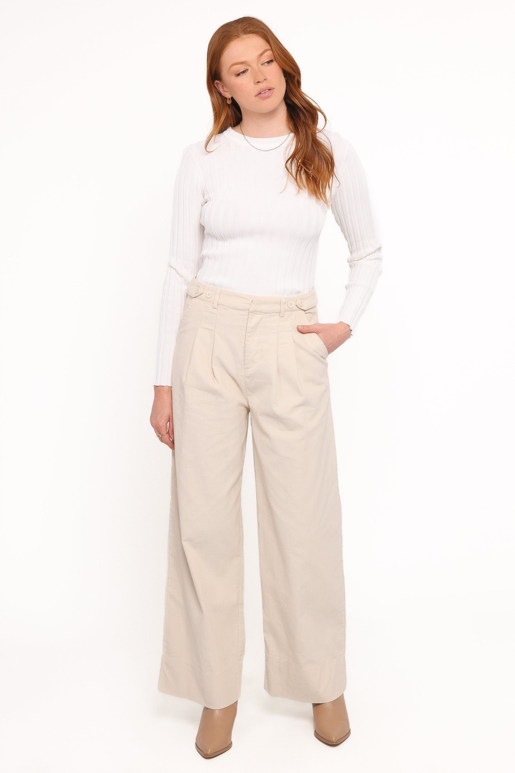 Faelan Wide Leg Cord Pants - Beige