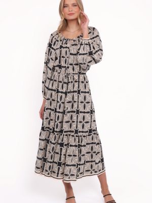 Faris Off Shoulder Midi Dress - Black Geo