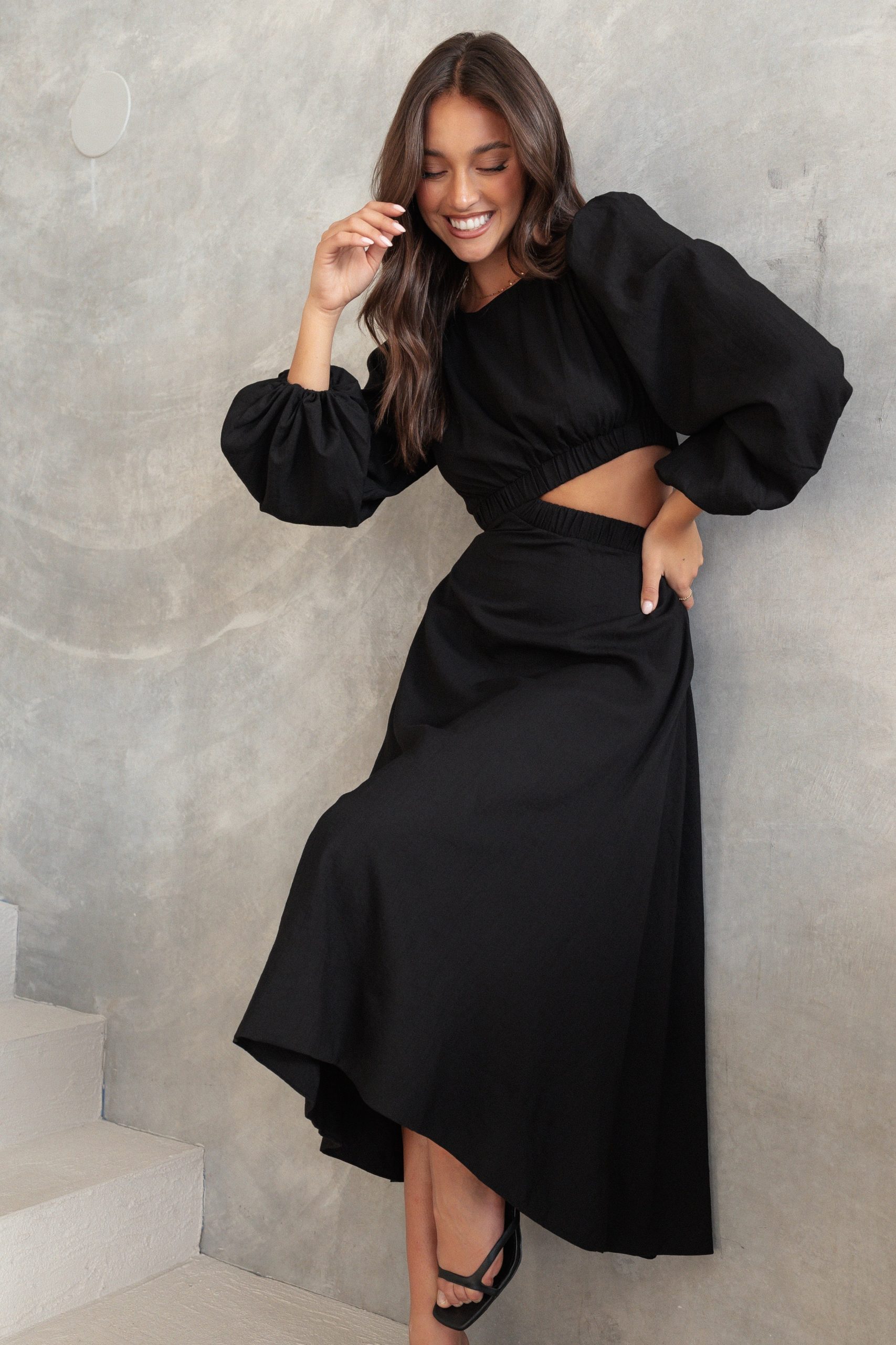 Ginnee Puff Sleeve Cutout Midi Dress - Black - Image 2