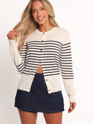 Gavi Button Front Striped Cardigan - Off White/Navy