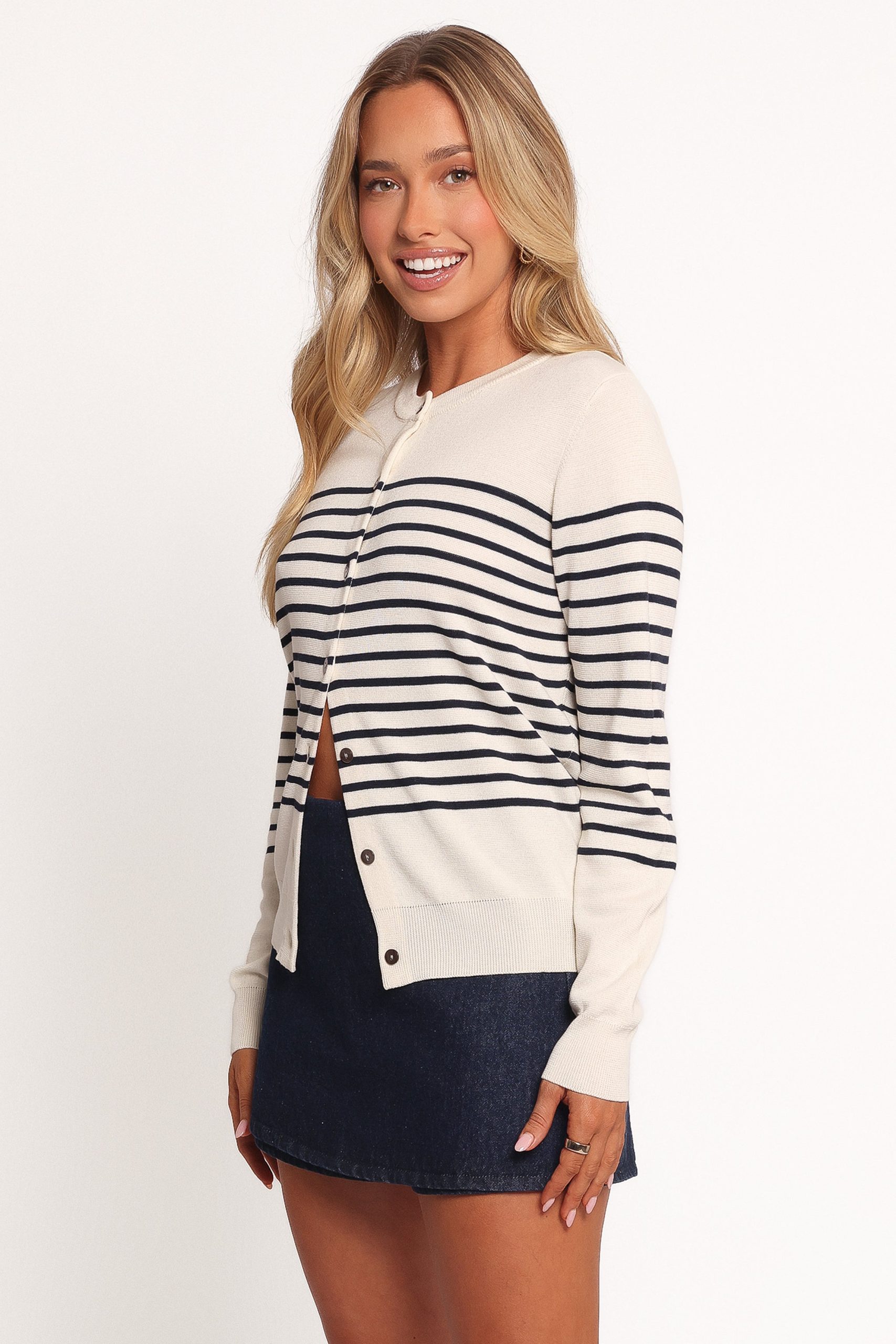 Gavi Button Front Striped Cardigan - Off White/Navy - Image 3