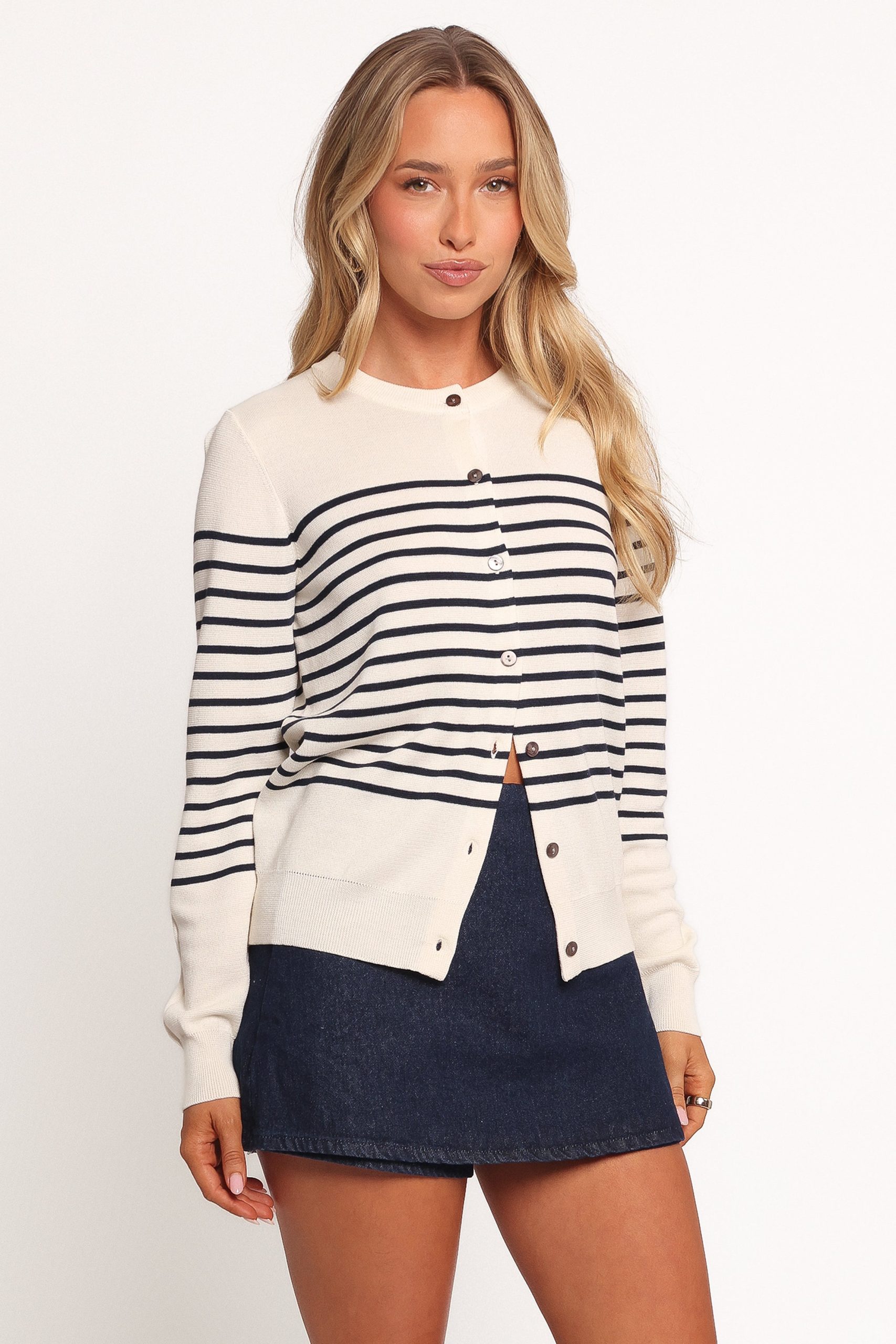 Gavi Button Front Striped Cardigan - Off White/Navy - Image 5