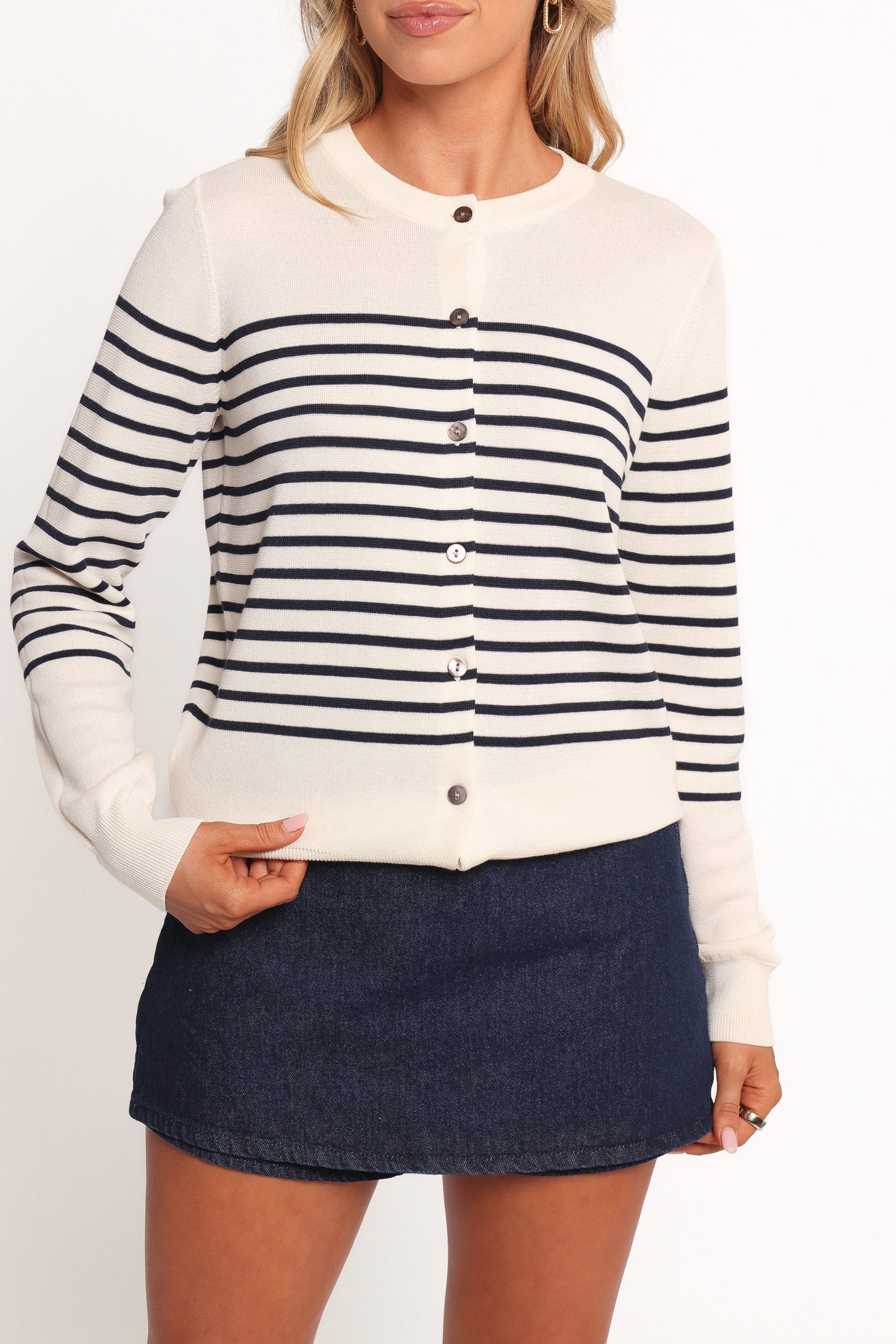 Gavi Button Front Striped Cardigan - Off White/Navy - Image 2