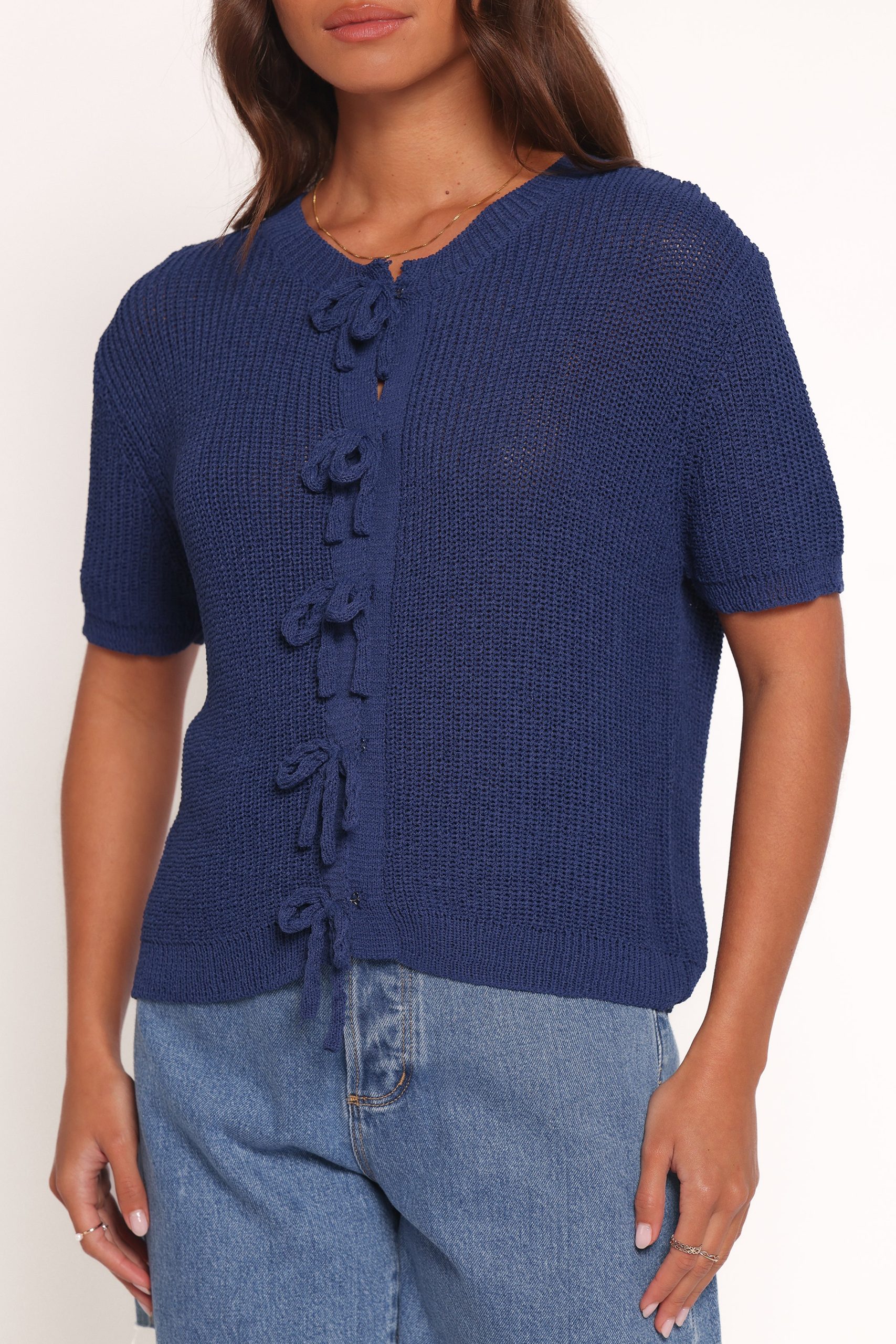 Gemma Short Sleeve Bow Cardigan - Navy - Image 3