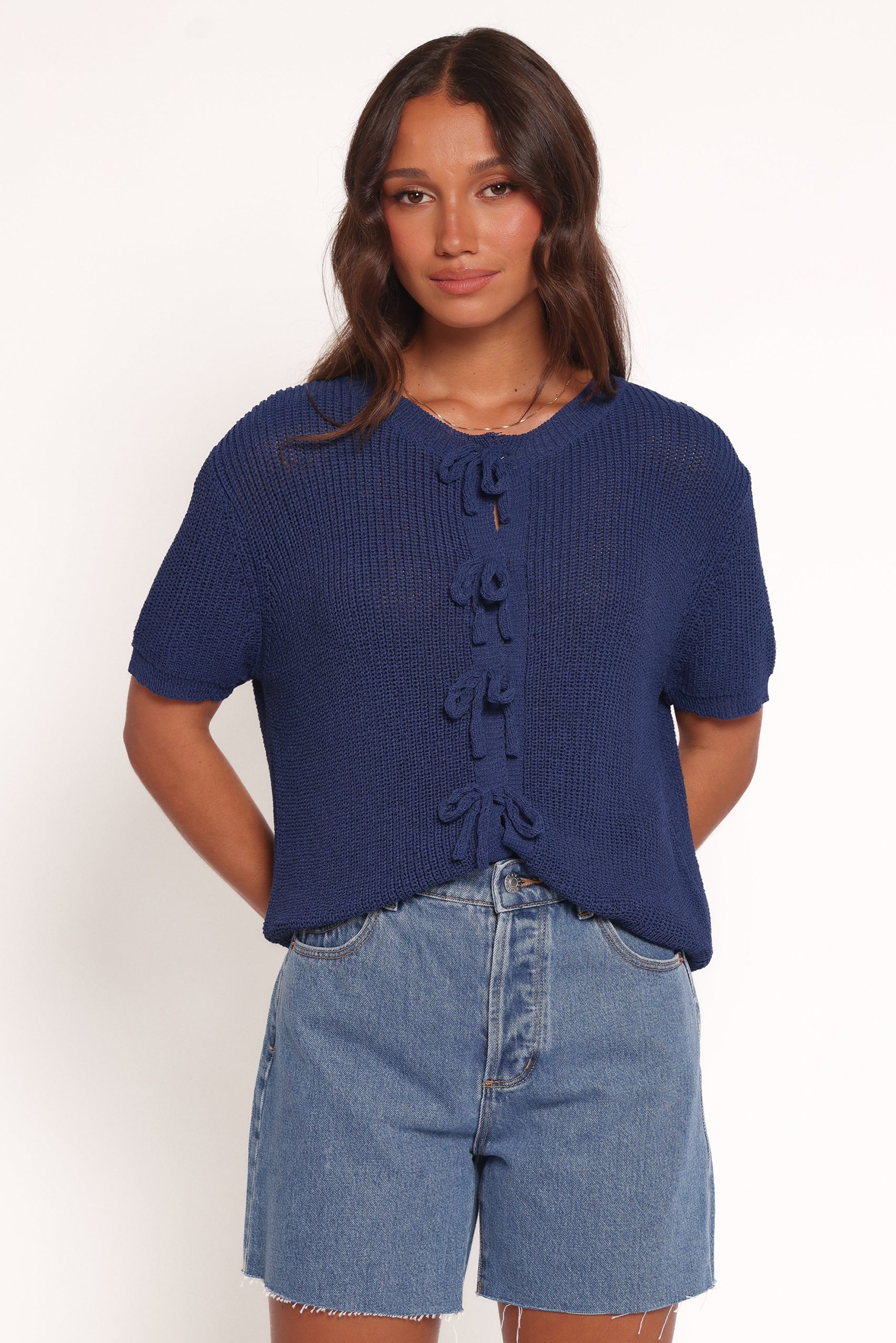 Gemma Short Sleeve Bow Cardigan - Navy - Image 2