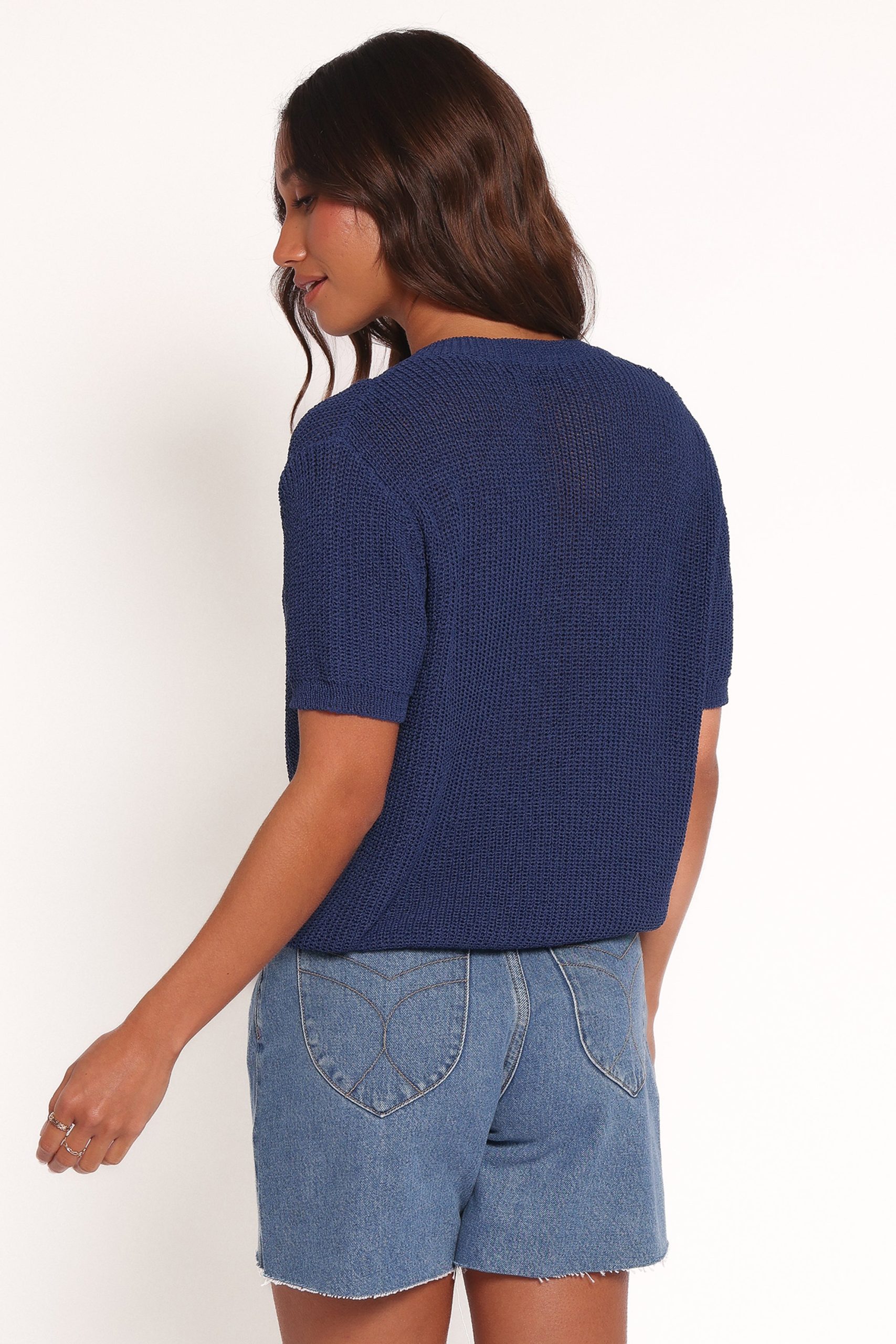 Gemma Short Sleeve Bow Cardigan - Navy - Image 5