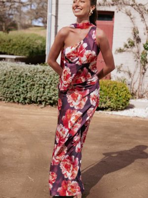 Georgina One Shoulder Skirt Set - Burgundy Peony