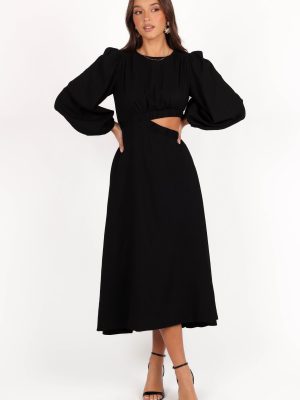 Ginnee Puff Sleeve Cutout Midi Dress - Black