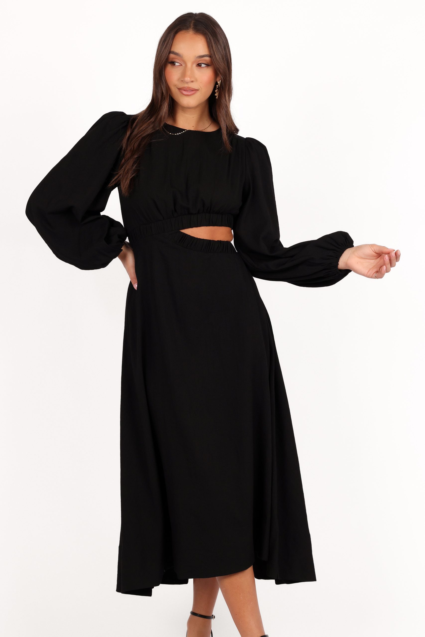 Ginnee Puff Sleeve Cutout Midi Dress - Black - Image 3