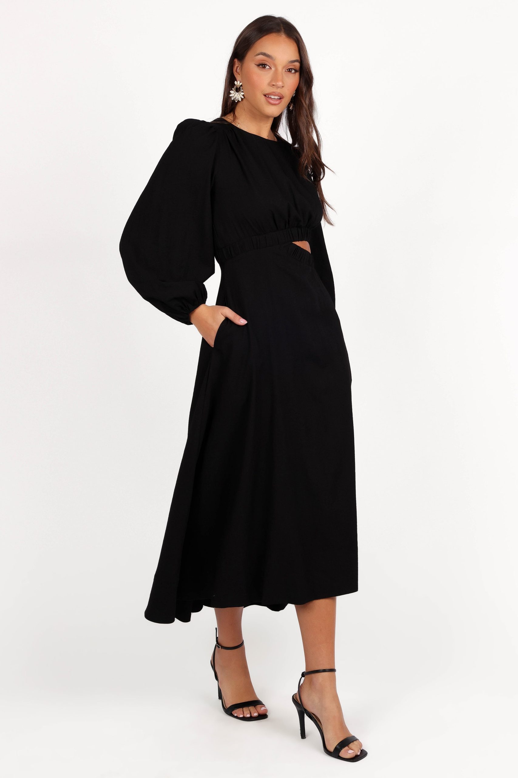 Ginnee Puff Sleeve Cutout Midi Dress - Black - Image 6