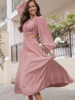 Ginnee Puff Sleeve Cutout Midi Dress - Brown Geo