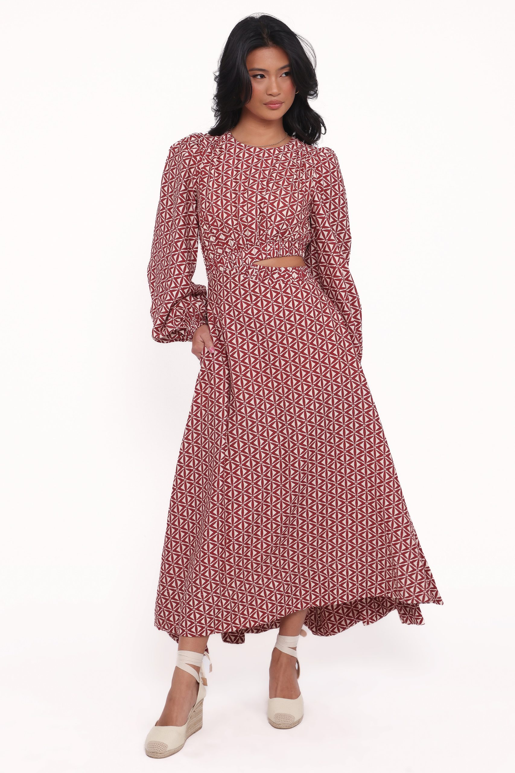 Ginnee Puff Sleeve Cutout Midi Dress - Brown Geo - Image 2