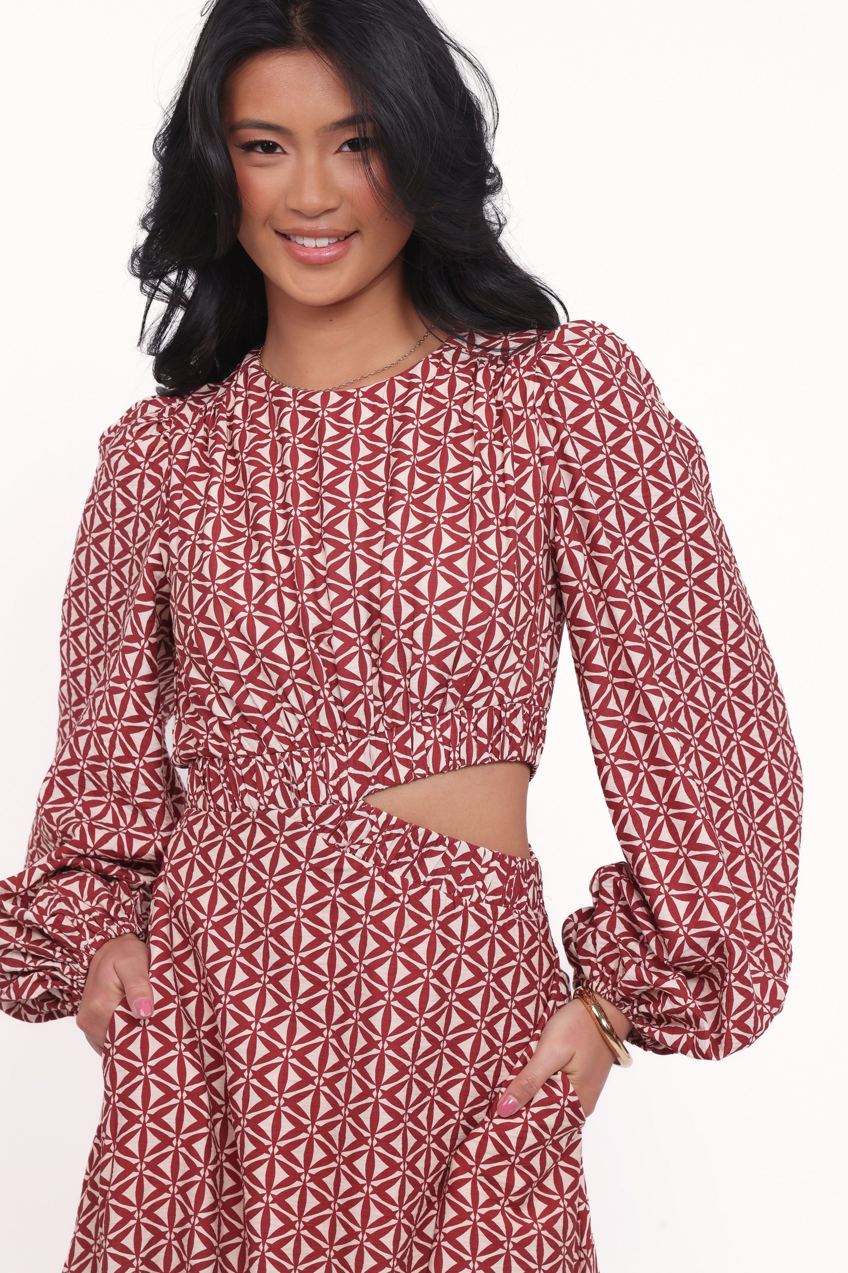 Ginnee Puff Sleeve Cutout Midi Dress - Brown Geo - Image 3