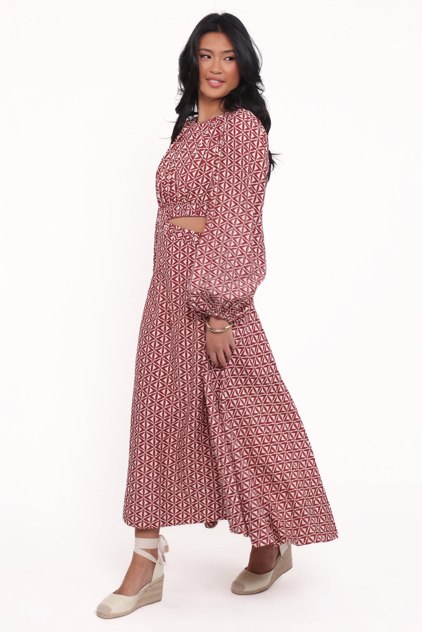 Ginnee Puff Sleeve Cutout Midi Dress - Brown Geo - Image 4