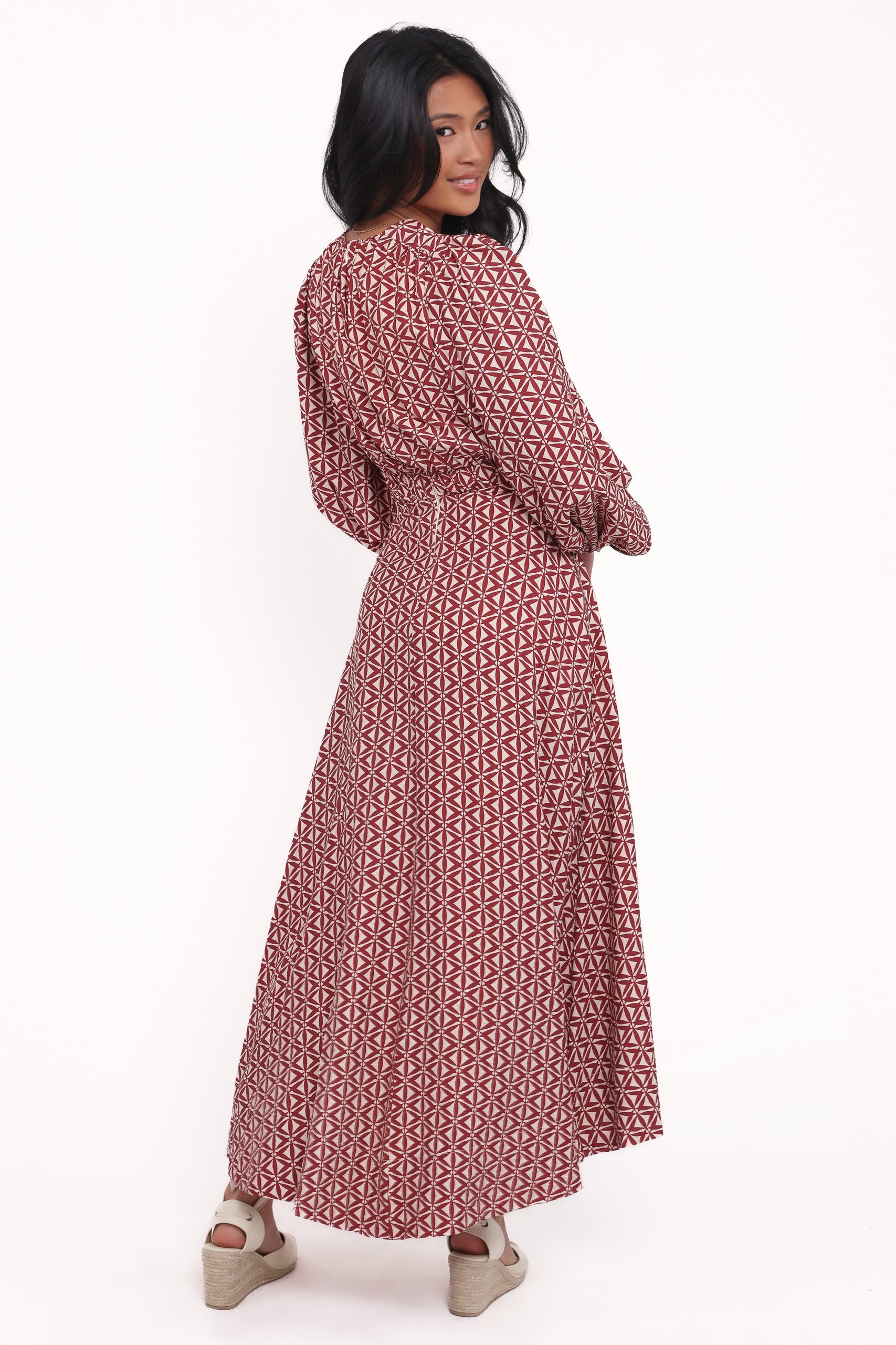 Ginnee Puff Sleeve Cutout Midi Dress - Brown Geo - Image 5