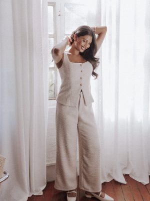 Greta Tailored Pant Set - White Brown Marl