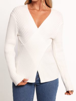 Hannon Ribbed Crossover Knit Sweater - White