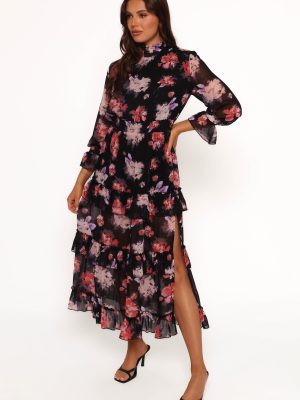 Isadora Long Sleeve Maxi Dress - Black Blurred Floral