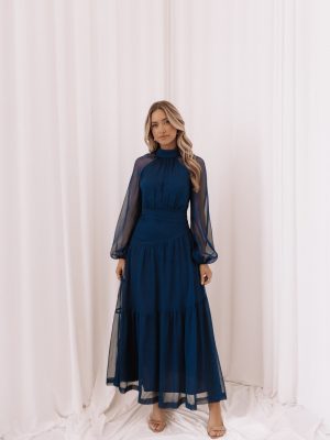 Julip Sheer Long Sleeve Maxi Dress - Navy