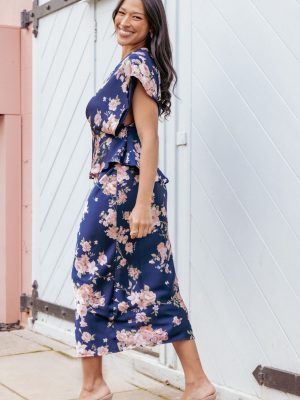 Kenna Satin Midi Skirt - Navy Floral
