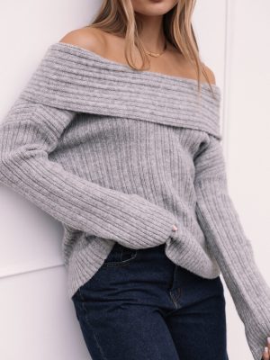 Kenny Off Shoulder Knit Sweater - Grey