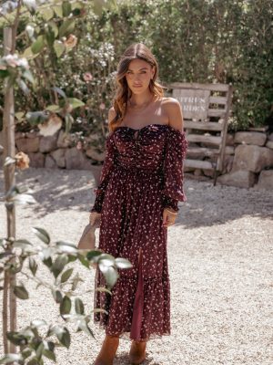 Keziah Long Sleeve Maxi Dress - Burgundy Floral