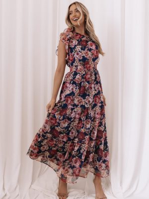 Layley One Shoulder Maxi Dress - Navy Floral