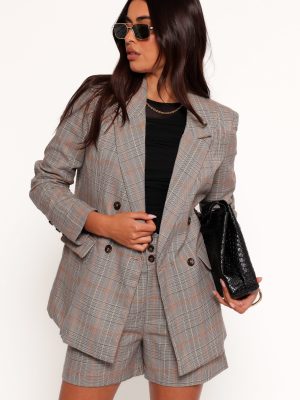 Lesia Double Button Fitted Plaid Blazer - Taupe Multi