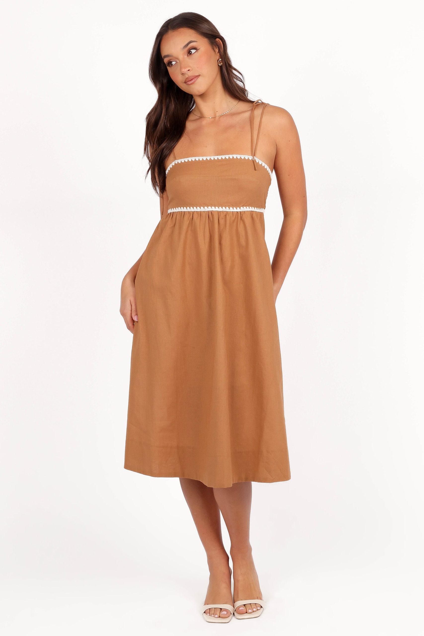 Lino Contrast Trim Midi Dress - Tan White - Image 2