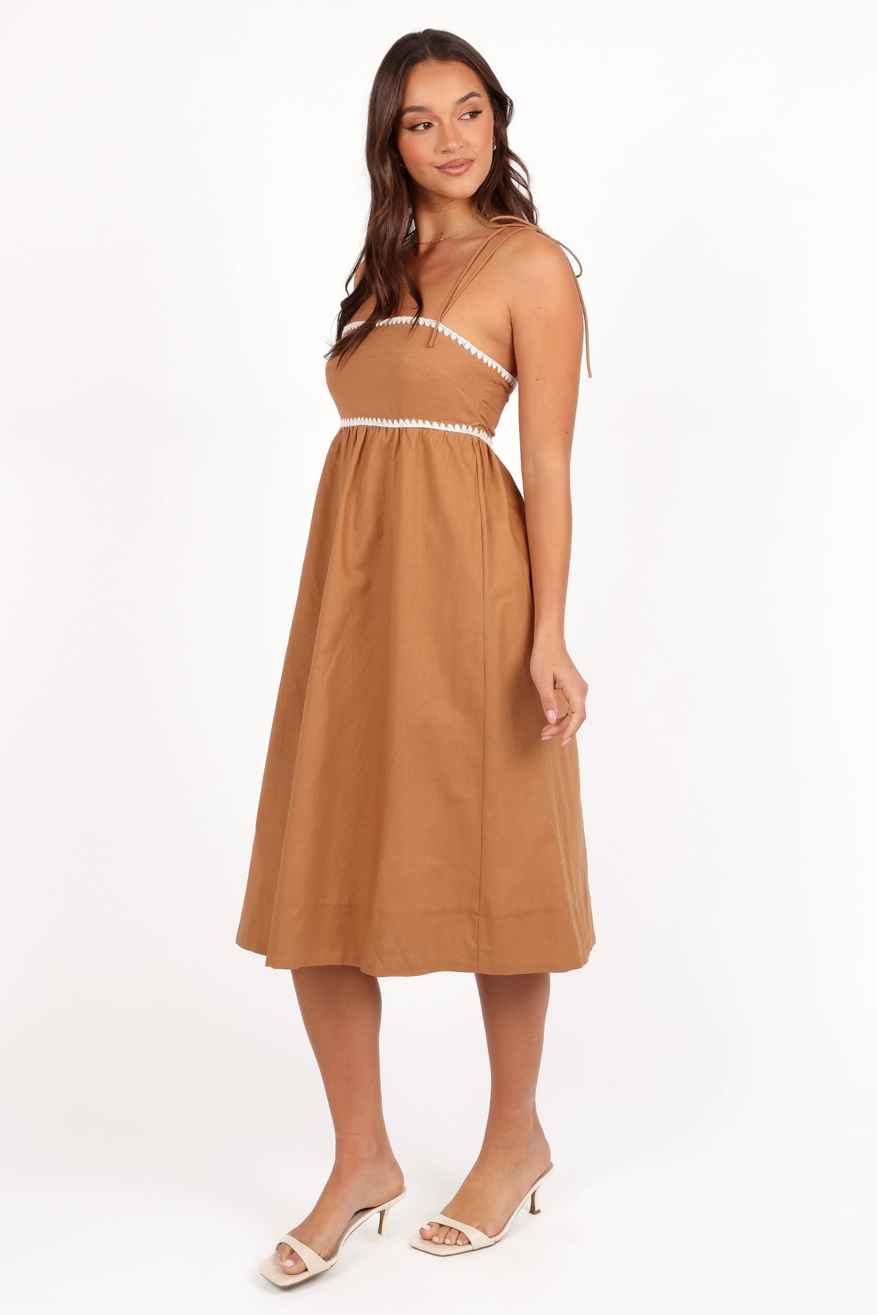 Lino Contrast Trim Midi Dress - Tan White - Image 4