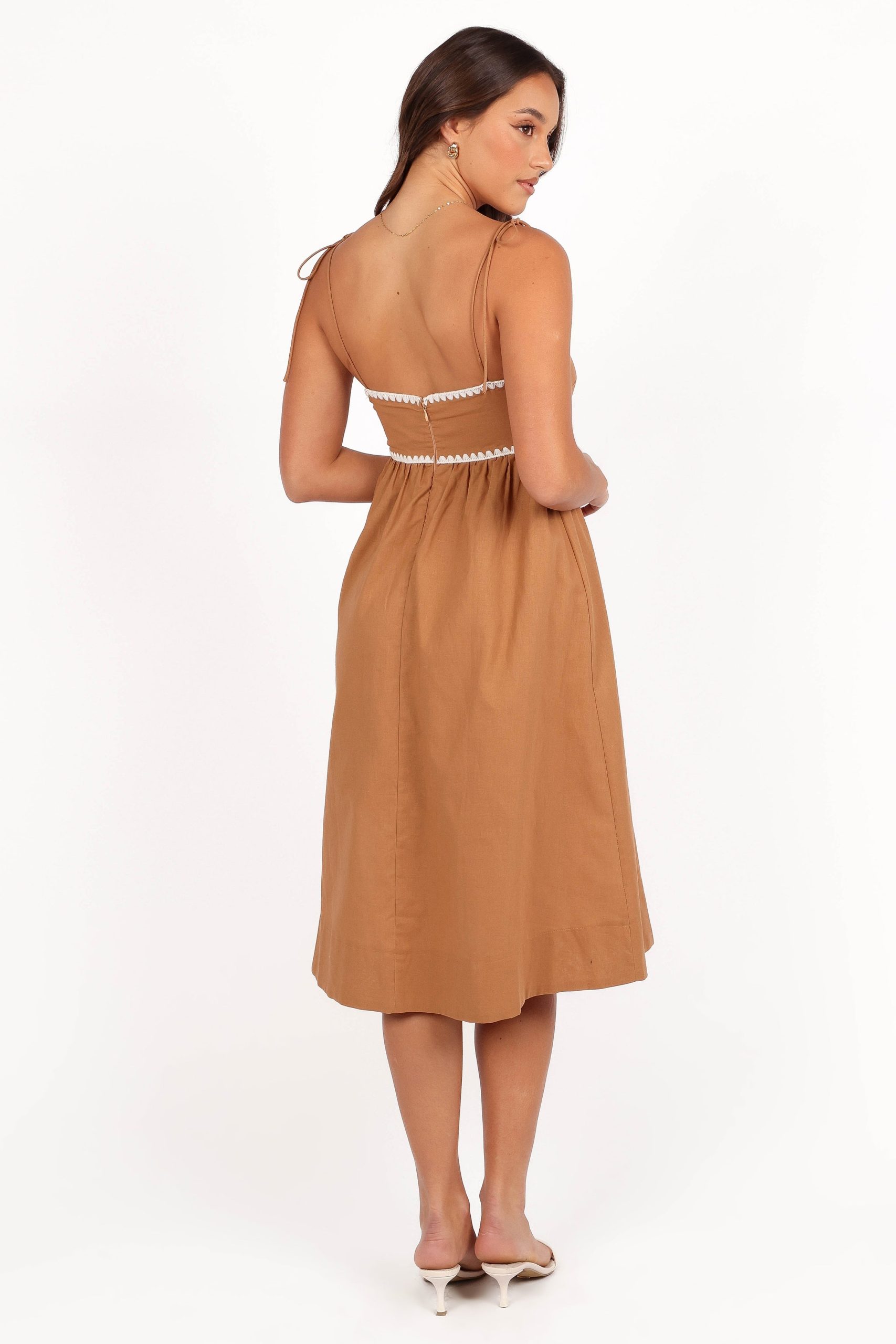 Lino Contrast Trim Midi Dress - Tan White - Image 5