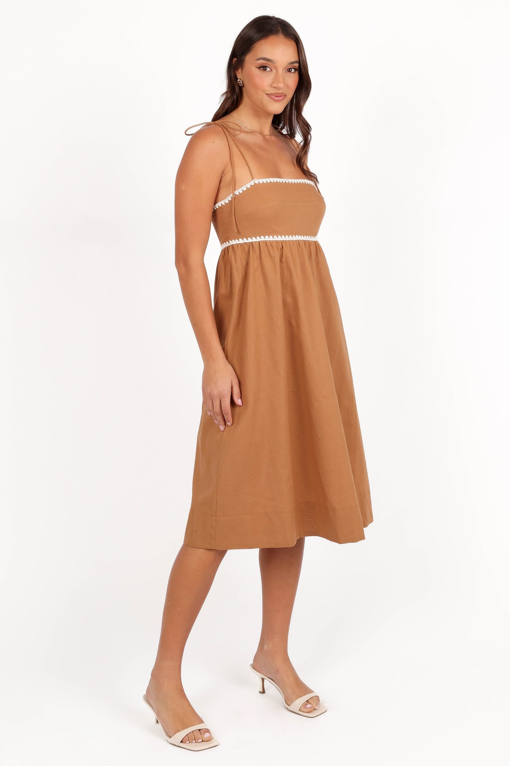 Lino Contrast Trim Midi Dress - Tan White - Image 6
