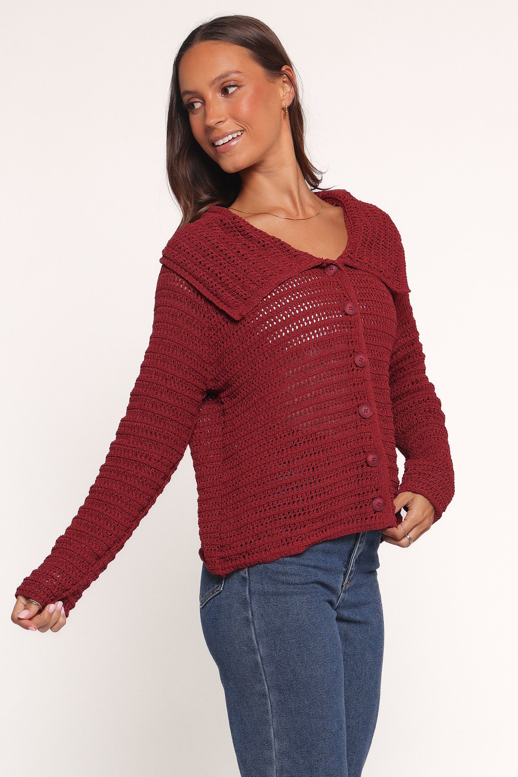 Lyra Large Collar Cardigan - Burgundy - Image 3