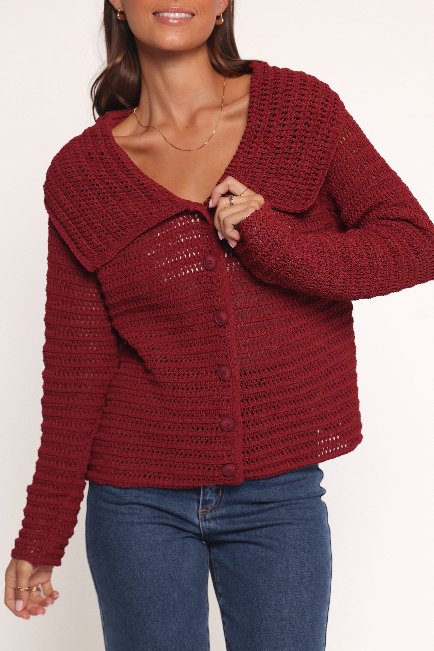 Lyra Large Collar Cardigan - Burgundy - Image 2