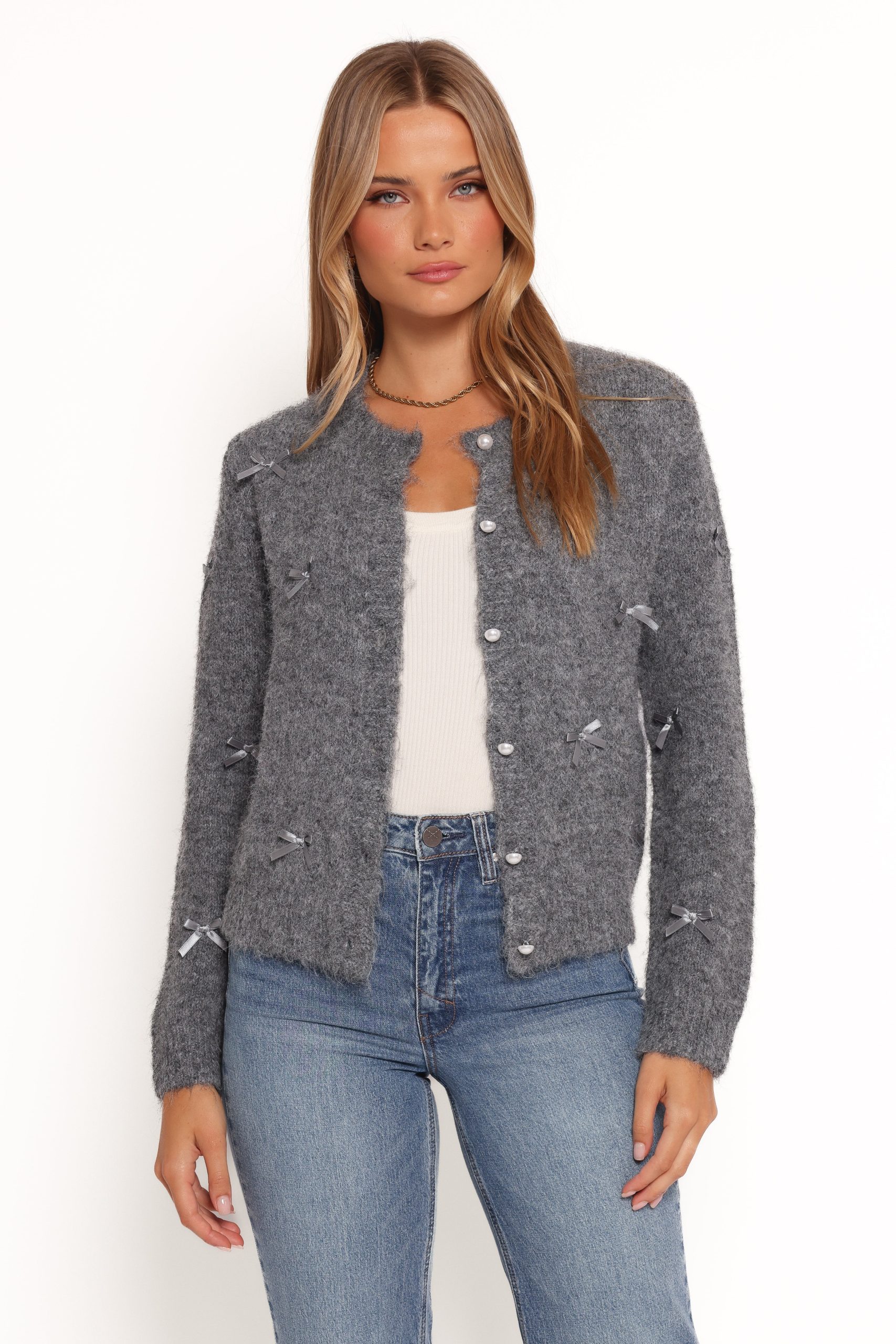 Mellie All Over Bow Button Front Cardigan - Grey - Image 3