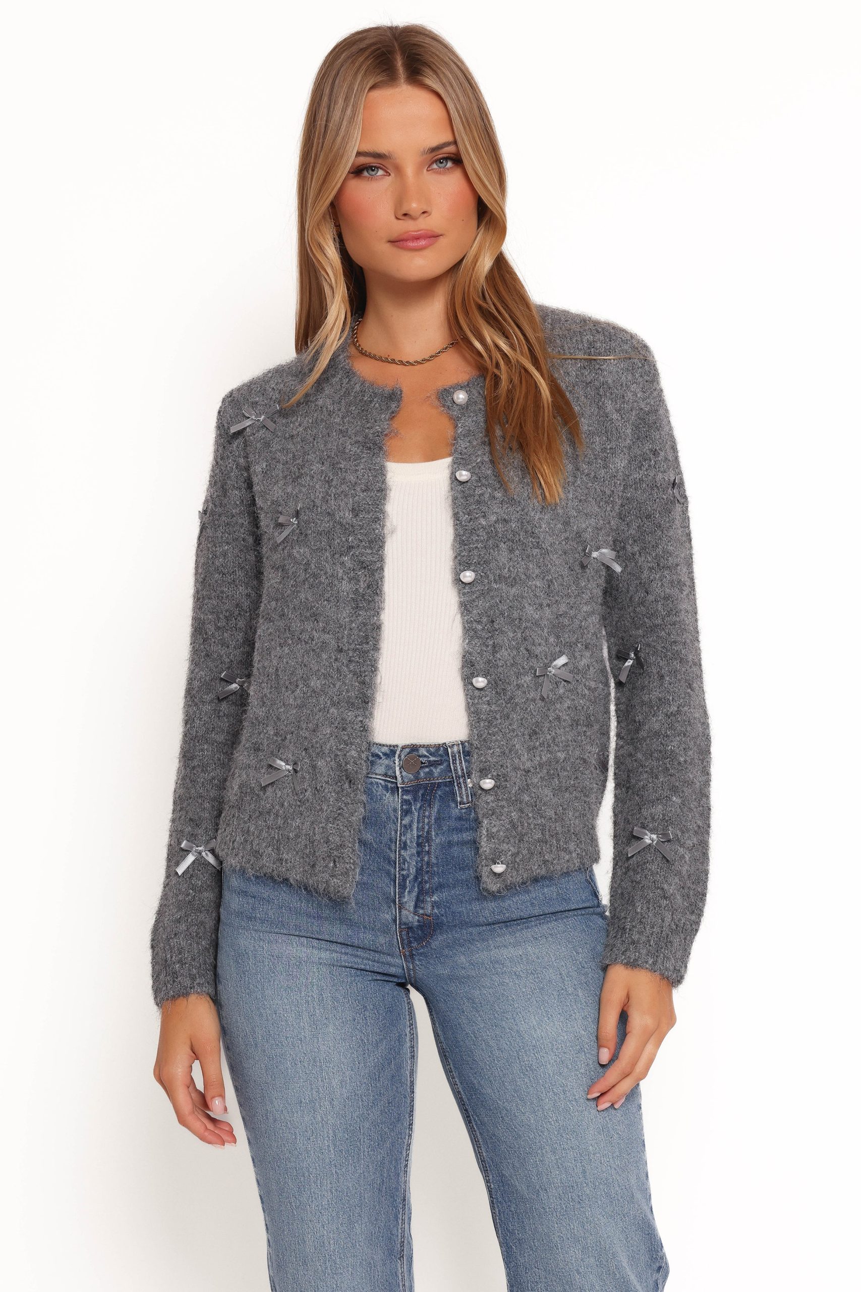 Mellie All Over Bow Button Front Cardigan - Grey - Image 5