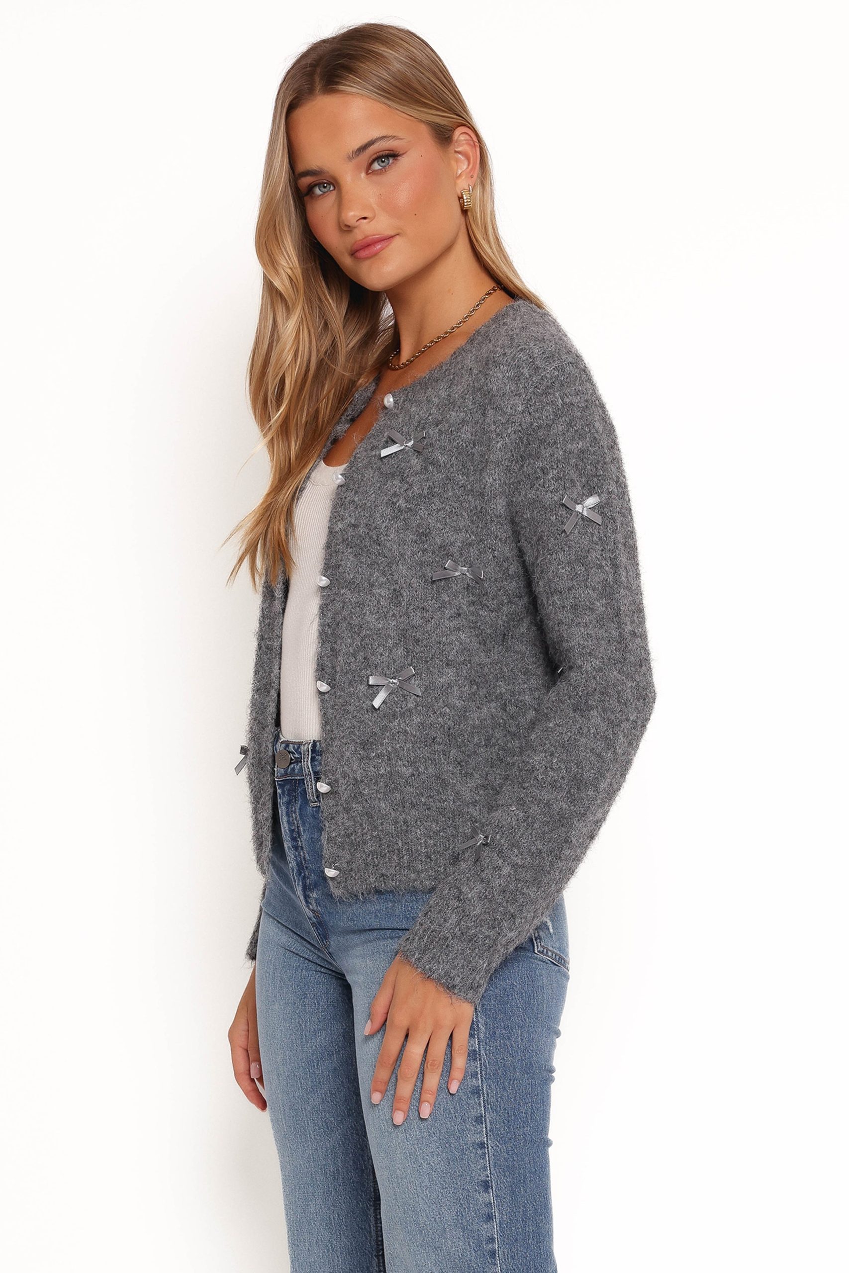 Mellie All Over Bow Button Front Cardigan - Grey - Image 6