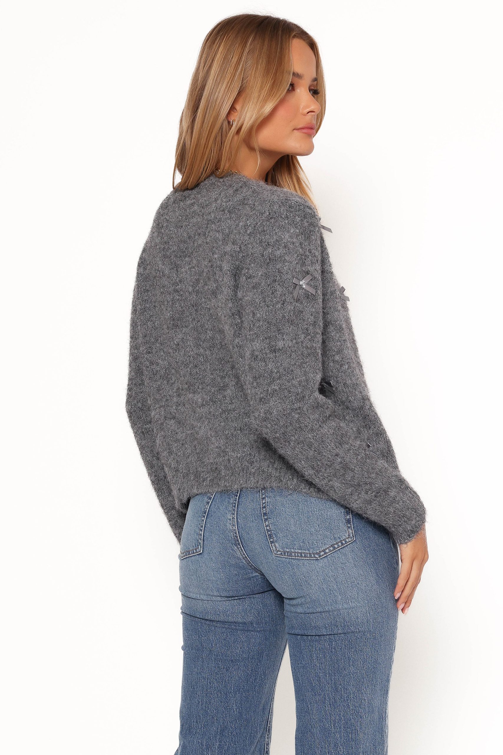 Mellie All Over Bow Button Front Cardigan - Grey - Image 7