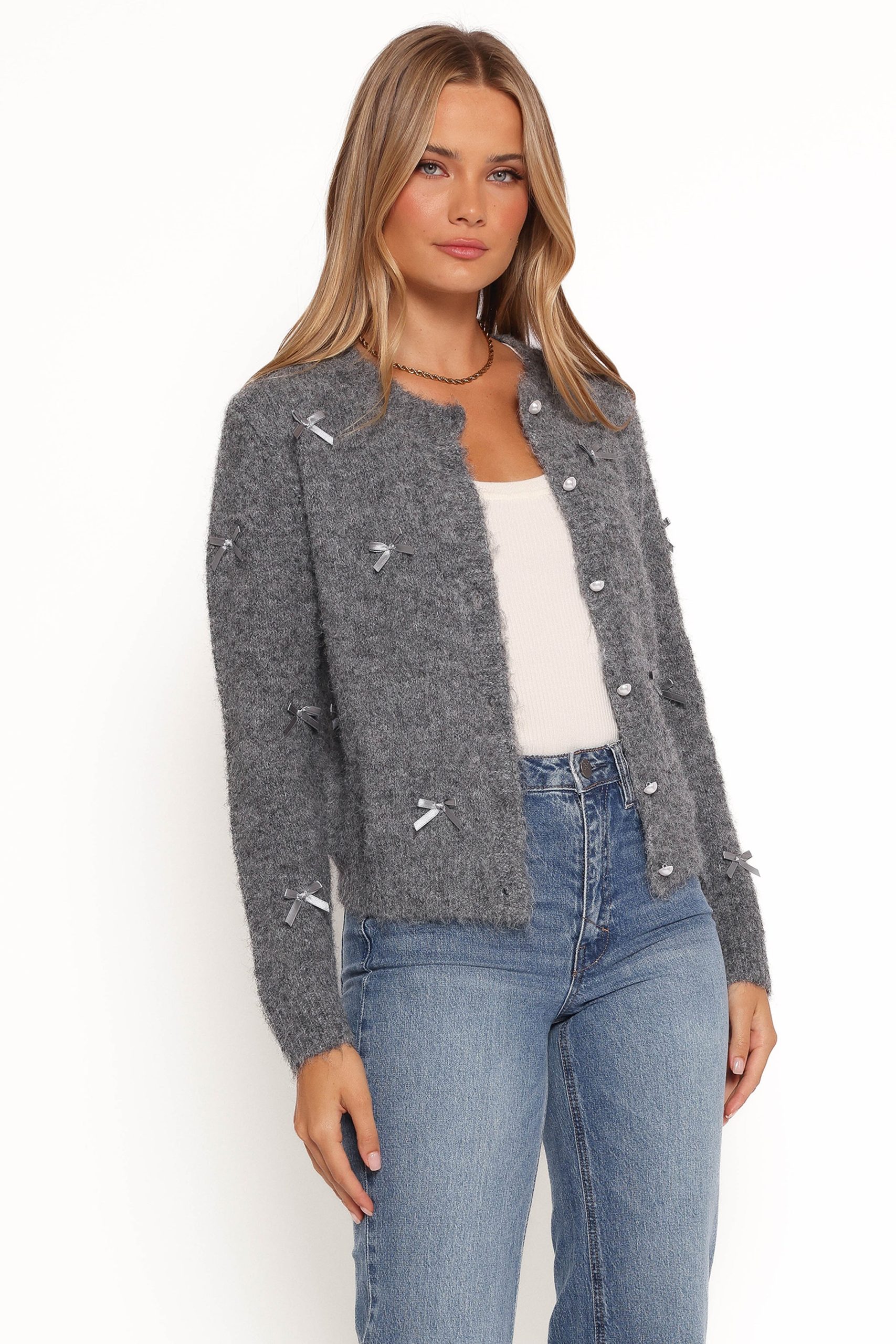 Mellie All Over Bow Button Front Cardigan - Grey - Image 8