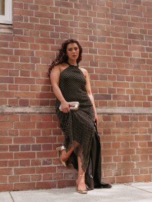 Melody Plisse Halter Maxi Dress - Black/Gold Polka Dot