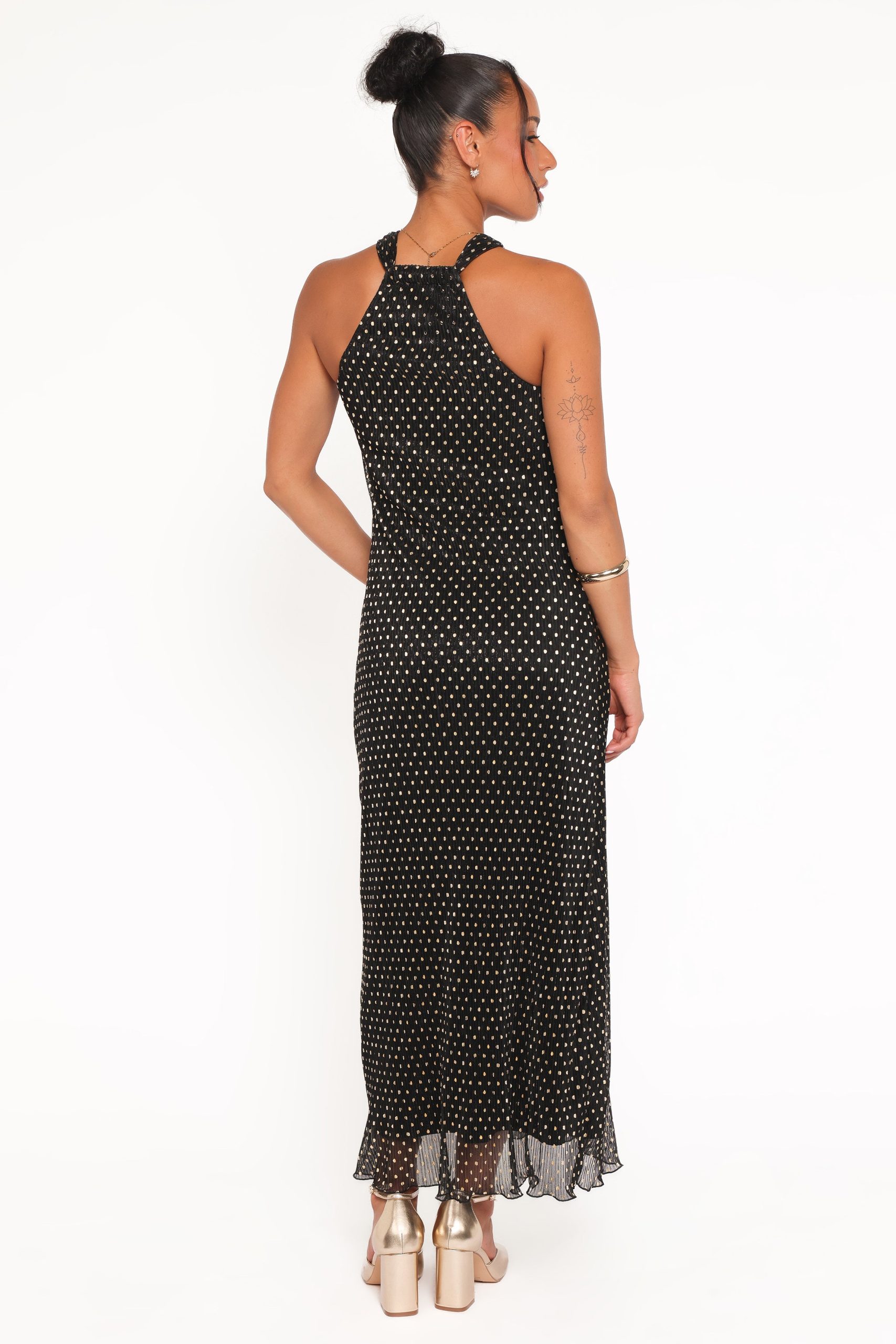 Melody Plisse Halter Maxi Dress - Black/Gold Polka Dot - Image 5