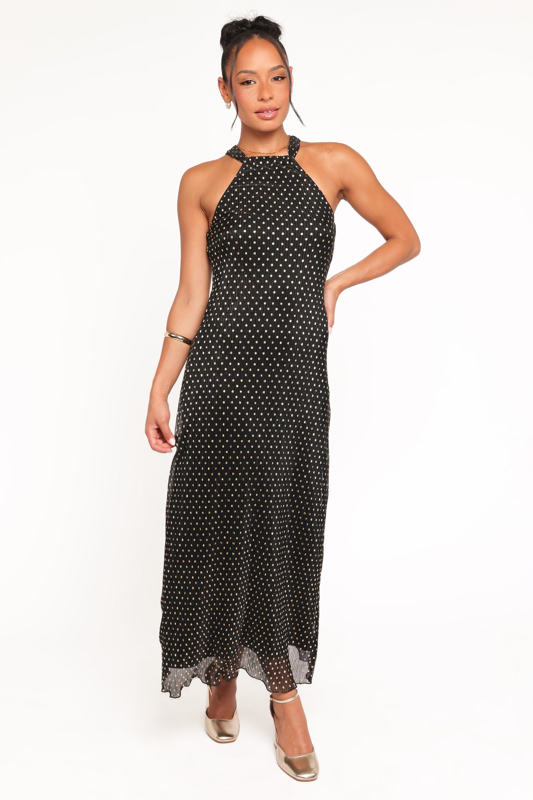 Melody Plisse Halter Maxi Dress - Black/Gold Polka Dot - Image 2