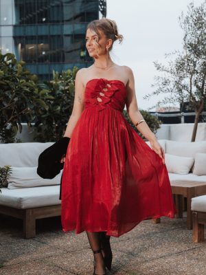 Mila Strapless Midi Dress - Red