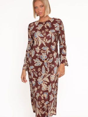 Morena Long Sleeve Midi Dress - Brown Floral