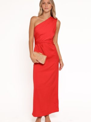 Nadia One Shoulder Maxi Dress - Red Jacquard Satin
