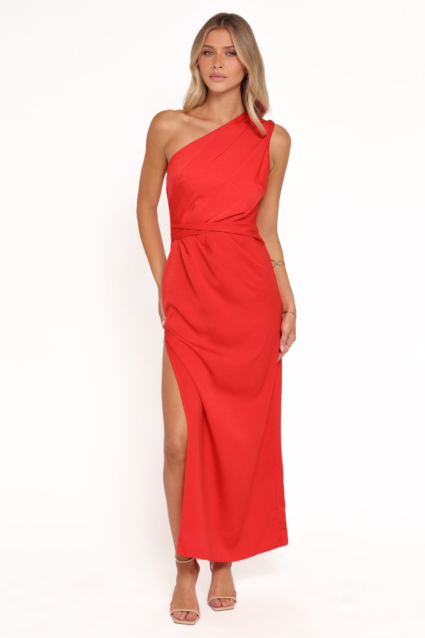 Nadia One Shoulder Maxi Dress - Red Jacquard Satin - Image 6