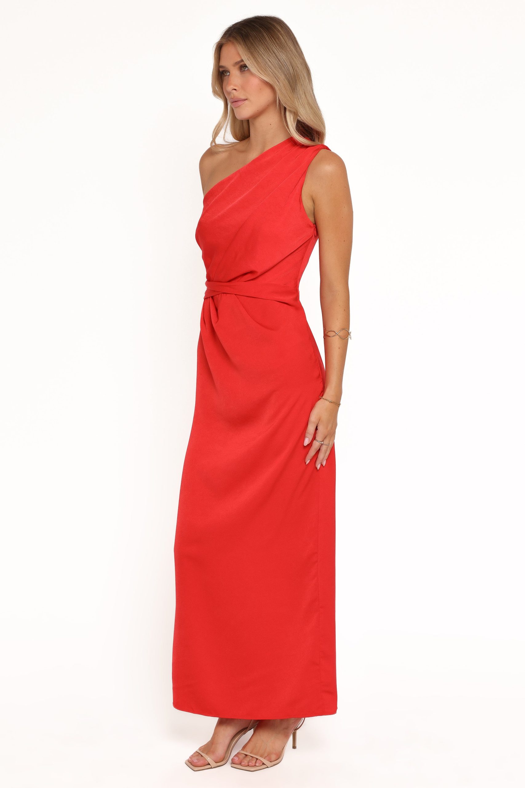 Nadia One Shoulder Maxi Dress - Red Jacquard Satin - Image 3