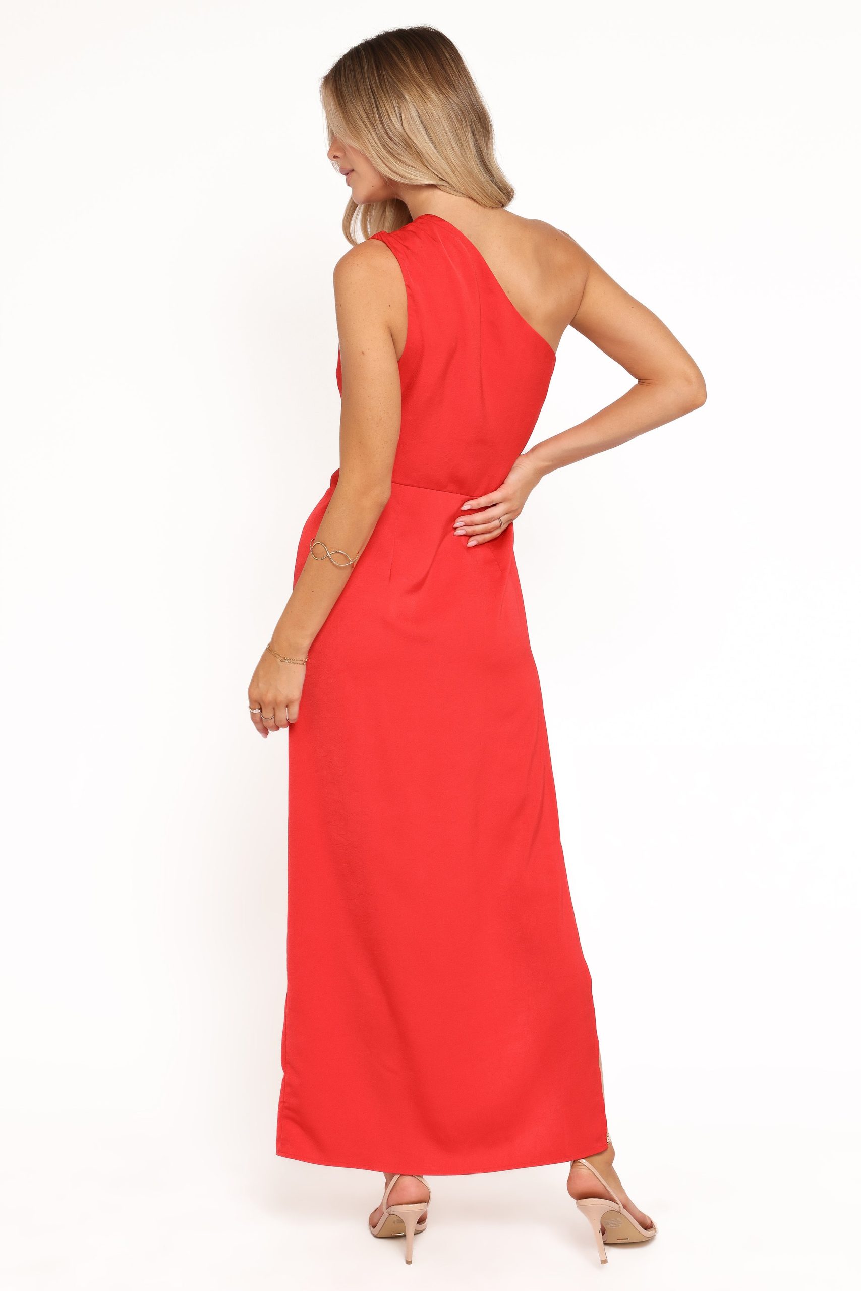 Nadia One Shoulder Maxi Dress - Red Jacquard Satin - Image 5